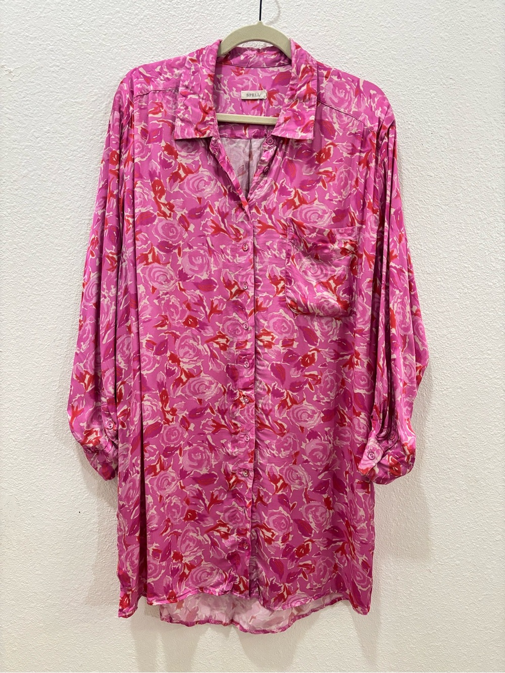 SPELL Pink Islamorada Shirt Dress Size Large Floral Satin Button Front